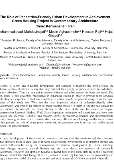 The Role of Pedestrian-Friendly Urban Development in Achievement Green Housing Project in Contemporary Architecture Case: Kermanshah, Iran