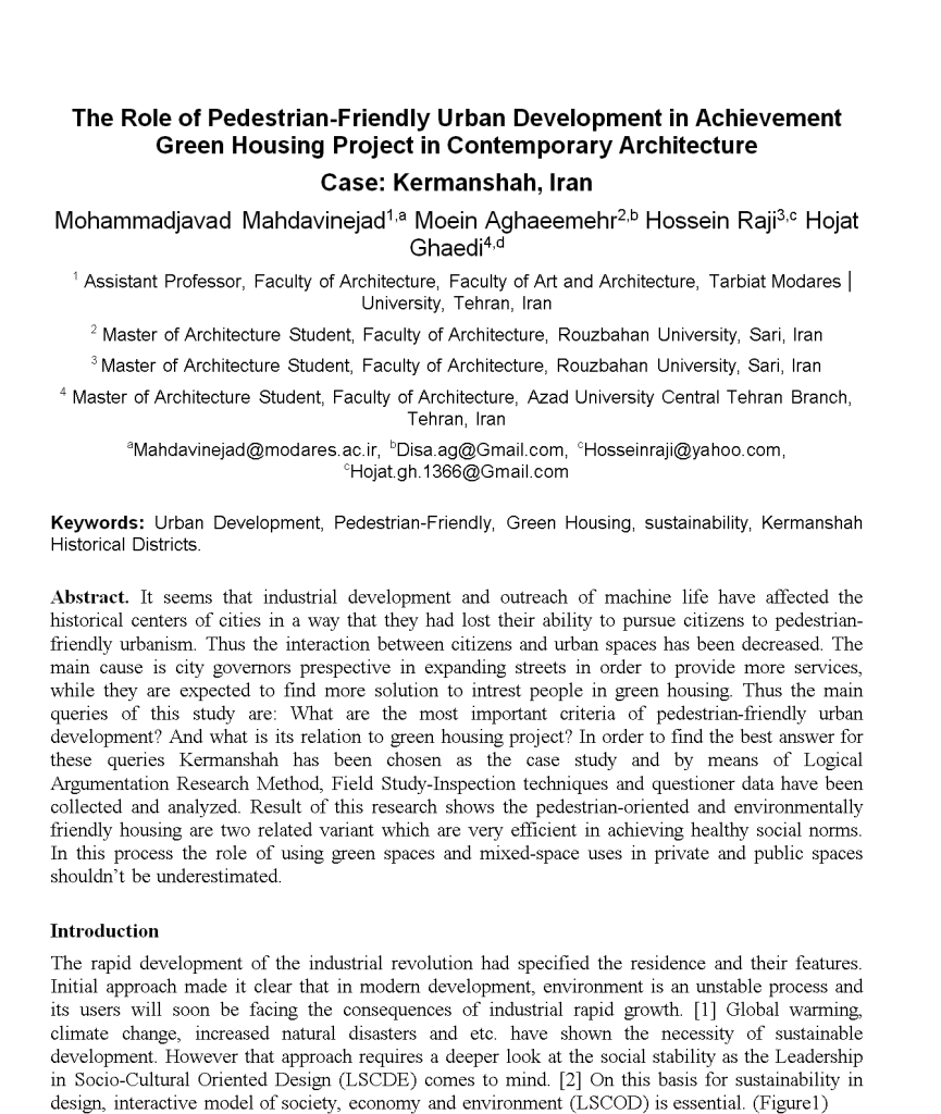 The Role of Pedestrian-Friendly Urban Development in Achievement Green Housing Project in Contemporary Architecture Case: Kermanshah, Iran